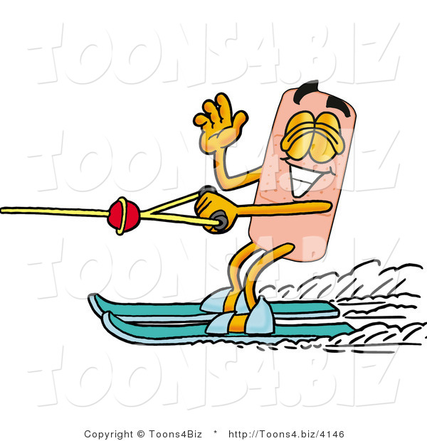 Illustration of an Adhesive Bandage Mascot Waving While Water Skiing