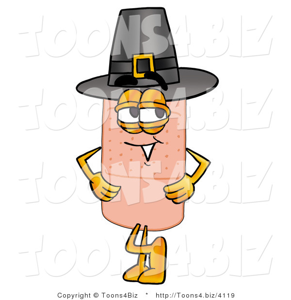 Illustration of an Adhesive Bandage Mascot Wearing a Pilgrim Hat on Thanksgiving