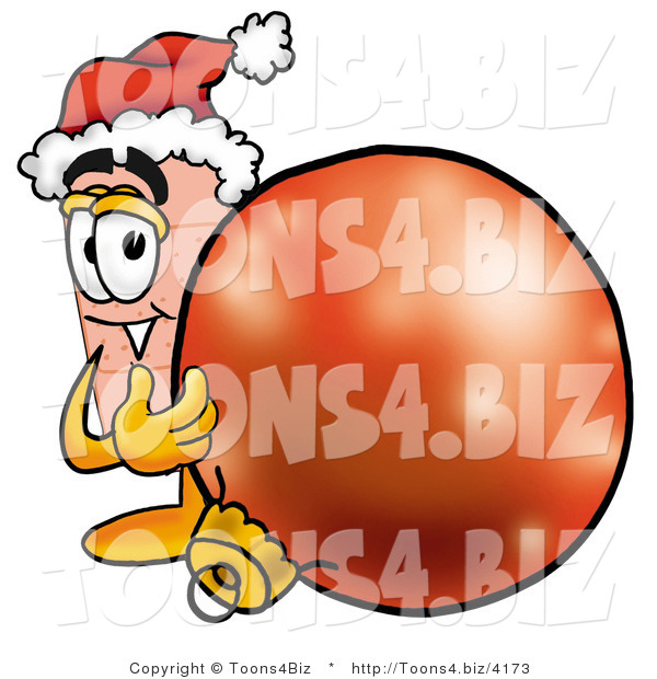 Illustration of an Adhesive Bandage Mascot Wearing a Santa Hat, Standing with a Christmas Bauble