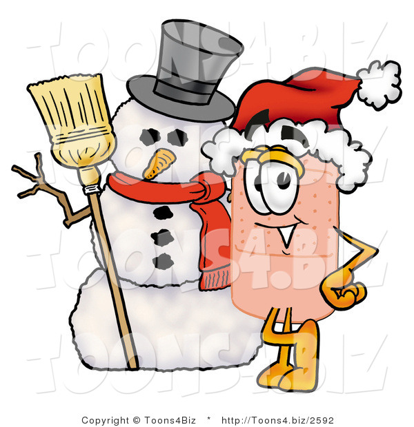 Illustration of an Adhesive Bandage Mascot with a Snowman on Christmas