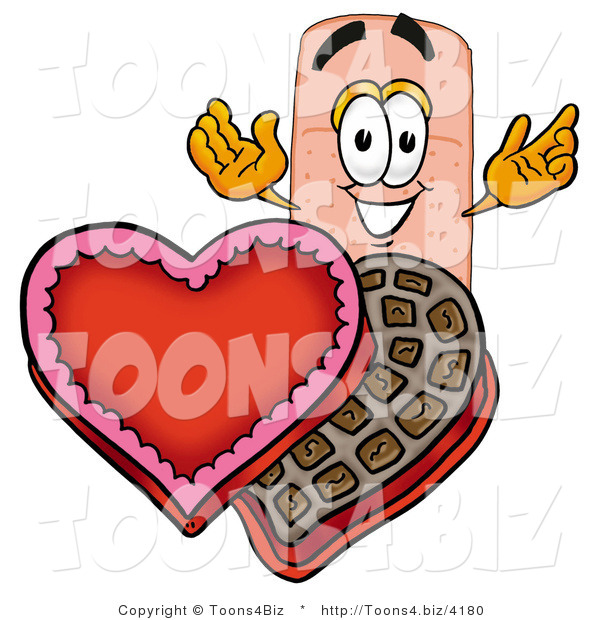 Illustration of an Adhesive Bandage Mascot with an Open Box of Valentines Day Chocolate Candies