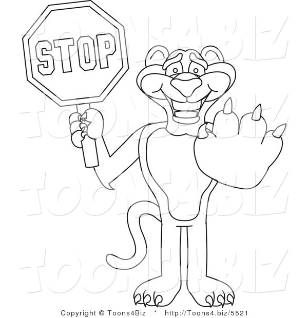 Line Art Vector Illustration of a Cartoon Panther Mascot Holding a Stop Sign
