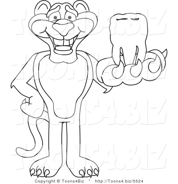 Line Art Vector Illustration of a Cartoon Panther Mascot Holding a Tooth