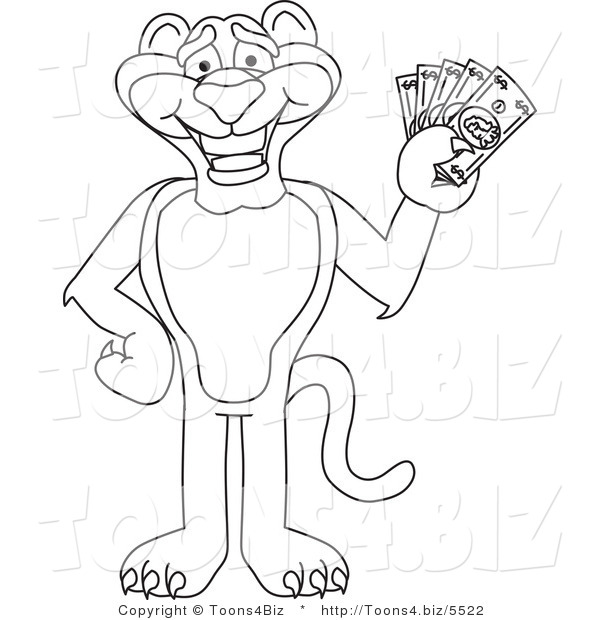 Line Art Vector Illustration of a Cartoon Panther Mascot Holding Cash