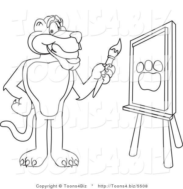 Line Art Vector Illustration of a Cartoon Panther Mascot Painting