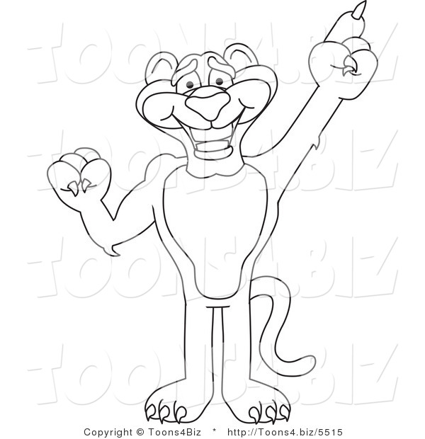 Line Art Vector Illustration of a Cartoon Panther Mascot Pointing up