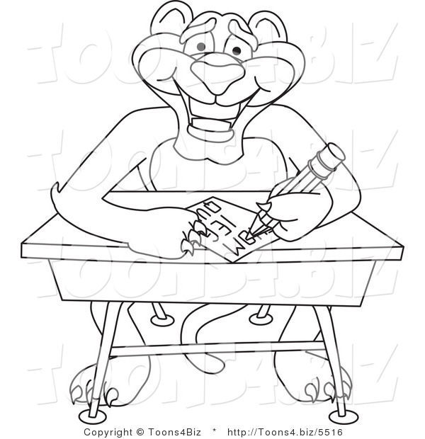 Line Art Vector Illustration of a Cartoon Panther Mascot Taking a Quiz
