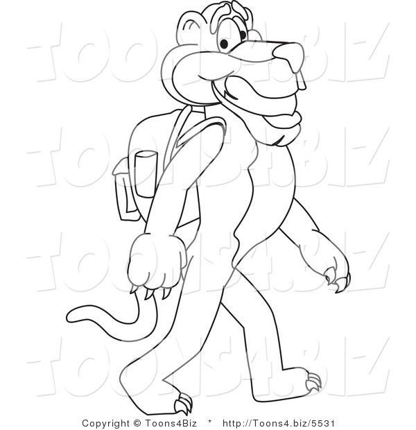 Line Art Vector Illustration of a Cartoon Panther Mascot Walking to School