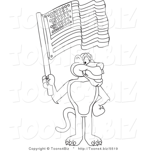 Line Art Vector Illustration of a Cartoon Panther Mascot Waving an American Flag