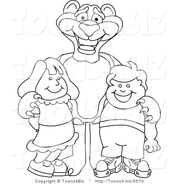 Line Art Vector Illustration of a Cartoon Panther Mascot with Children