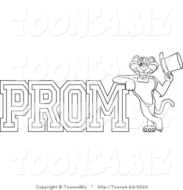 Line Art Vector Illustration of a Cartoon Panther Mascot with Prom Text