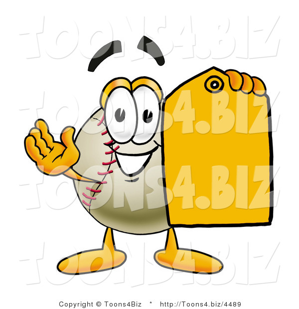 Vector Illustration of a Baseball Mascot Holding a Yellow Sales Price Tag