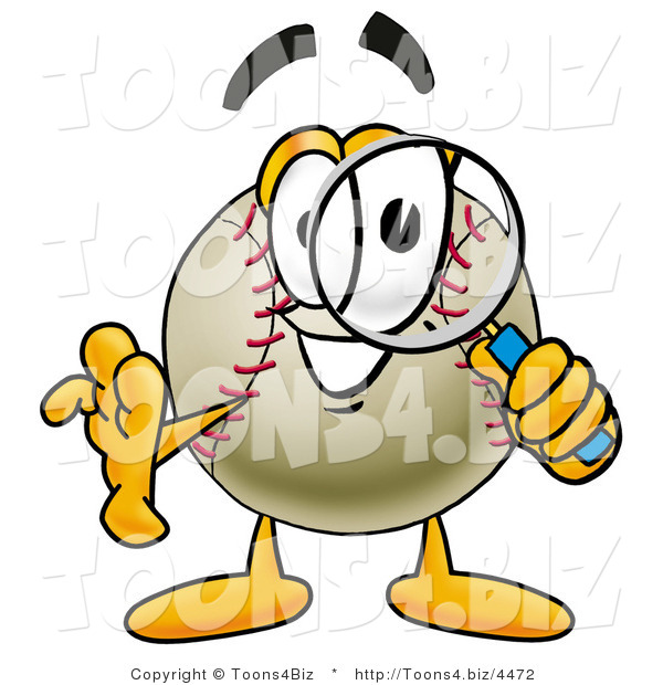 Vector Illustration of a Baseball Mascot Looking Through a Magnifying Glass