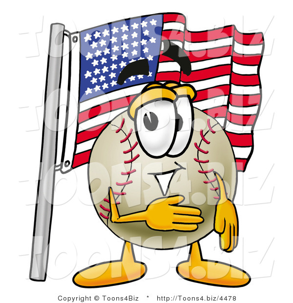 Vector Illustration of a Baseball Mascot Pledging Allegiance to an American Flag