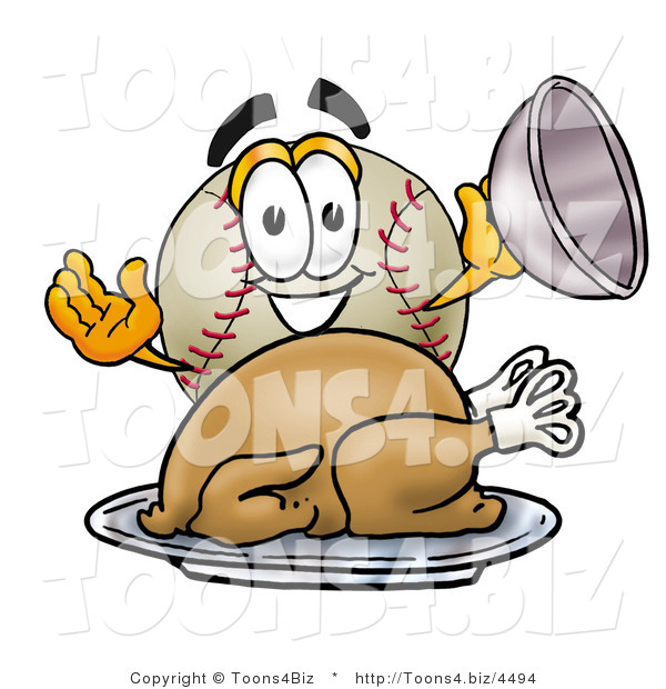 Vector Illustration of a Baseball Mascot Serving a Thanksgiving Turkey on a Platter