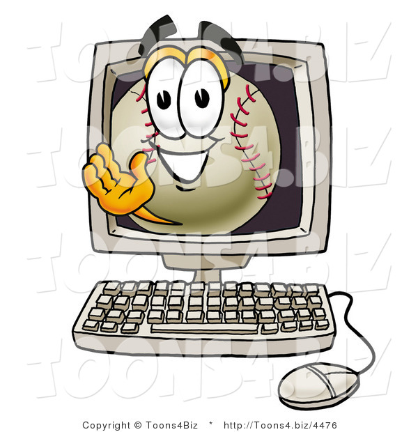 Vector Illustration of a Baseball Mascot Waving from Inside a Computer Screen