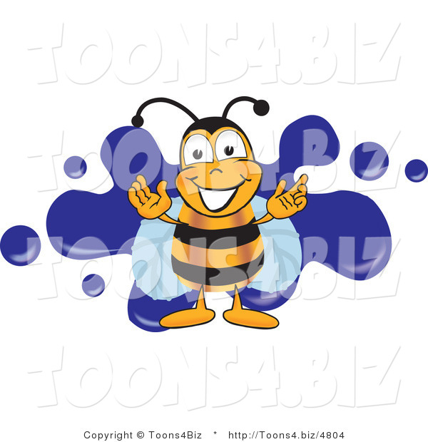 Vector Illustration of a Bee Smiling over Blue SplattersBee Smiling over Blue Splatters