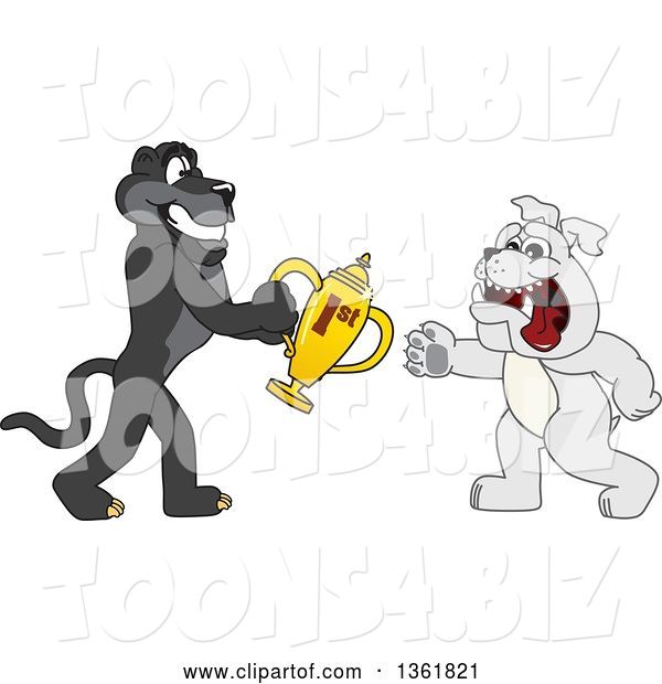 Vector Illustration of a Black Panther School Mascot Giving a First Place Trophy to a Bulldog, Symbolizing Teamwork and Sportsmanship