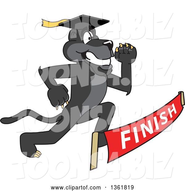 Vector Illustration of a Black Panther School Mascot Graduate Racing to a Finish Line, Symbolizing Determination