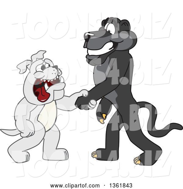 Vector Illustration of a Black Panther School Mascot Shaking Hands with a Bulldog, Symbolizing Acceptance