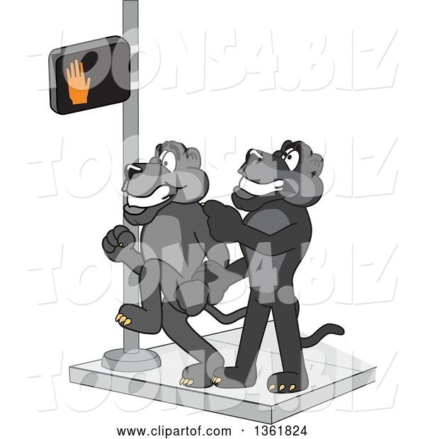 Vector Illustration of a Black Panther School Mascot Stopping Another from Using a Crosswalk at the Wrong Time, Symbolizing Safety