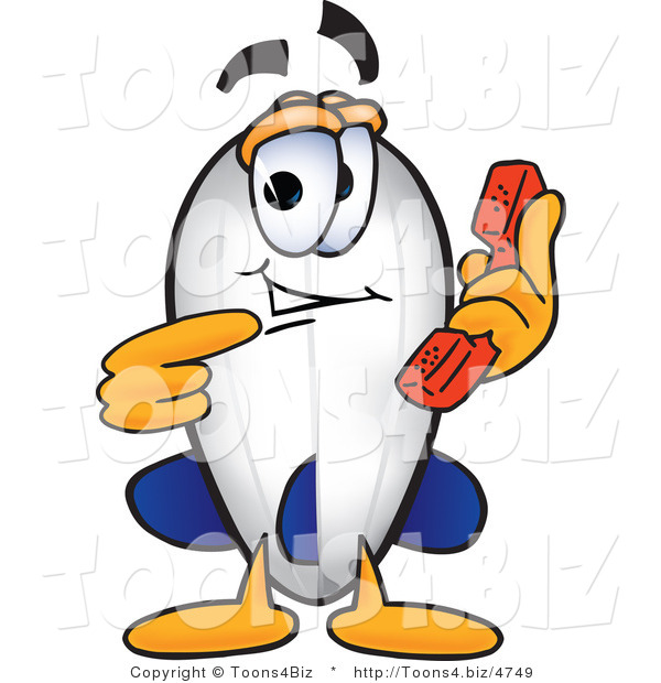 Vector Illustration of a Blimp Mascot Holding and Pointing to a Telephone