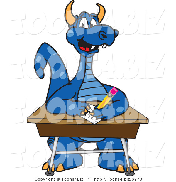 Vector Illustration of a Blue Cartoon Dragon Mascot at a School Desk