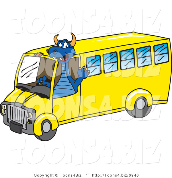 Vector Illustration of a Blue Cartoon Dragon Mascot Driving a School Bus