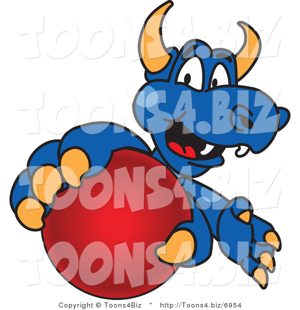 Vector Illustration of a Blue Cartoon Dragon Mascot Grabbing a Ball