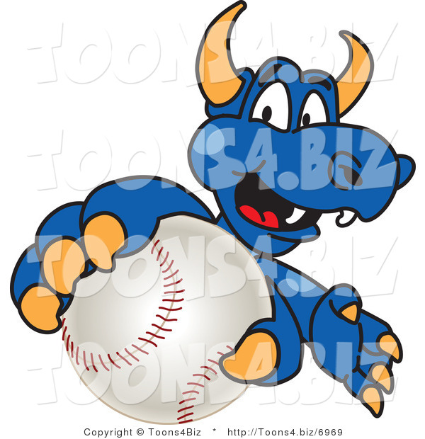 Vector Illustration of a Blue Cartoon Dragon Mascot Grabbing a Baseball