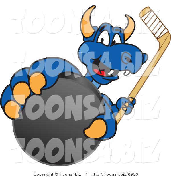 Vector Illustration of a Blue Cartoon Dragon Mascot Grabbing a Hockey Puck