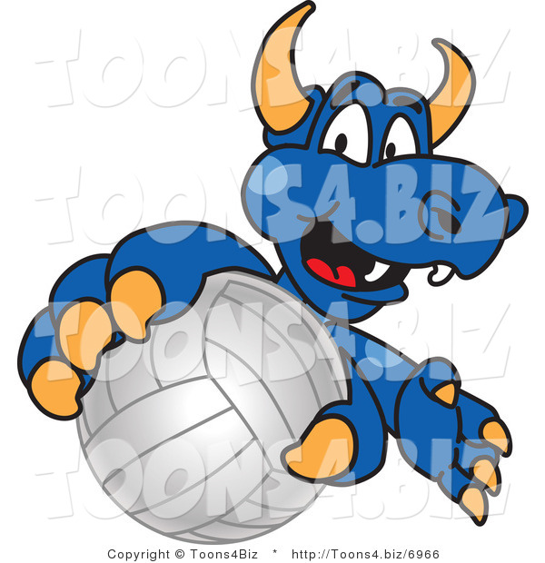 Vector Illustration of a Blue Cartoon Dragon Mascot Grabbing a Volleyball