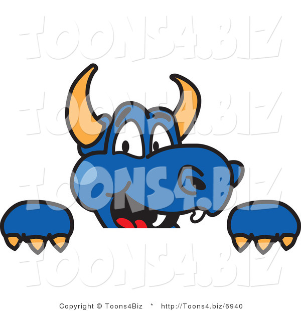 Vector Illustration of a Blue Cartoon Dragon Mascot Looking over a Sign
