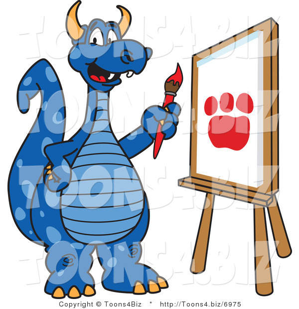 Vector Illustration of a Blue Cartoon Dragon Mascot Painting a Paw Print