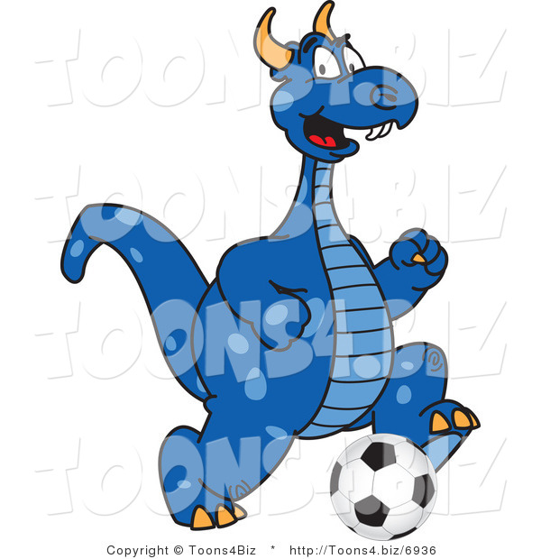 Vector Illustration of a Blue Cartoon Dragon Mascot Playing Soccer