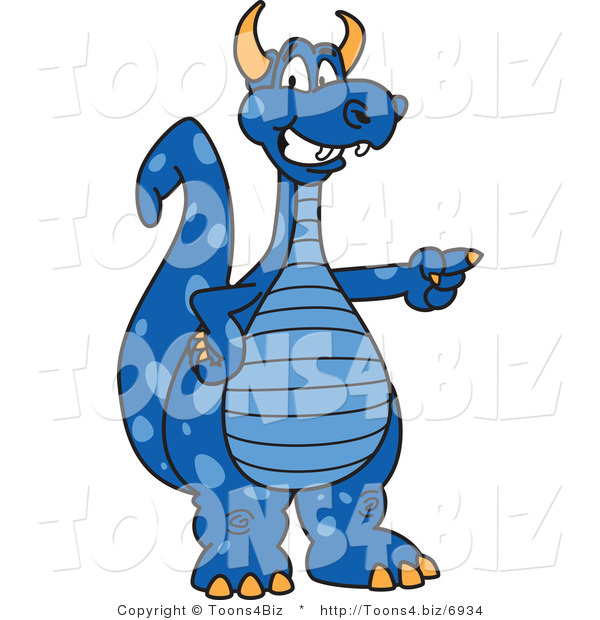 Vector Illustration of a Blue Cartoon Dragon Mascot Pointing