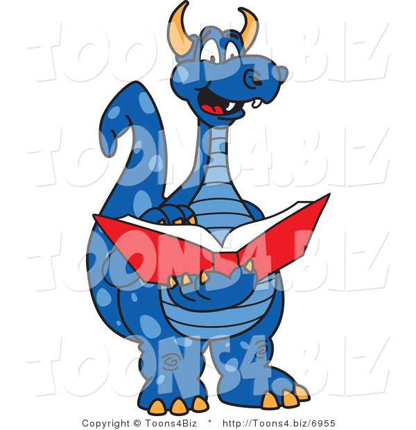 Vector Illustration of a Blue Cartoon Dragon Mascot Reading