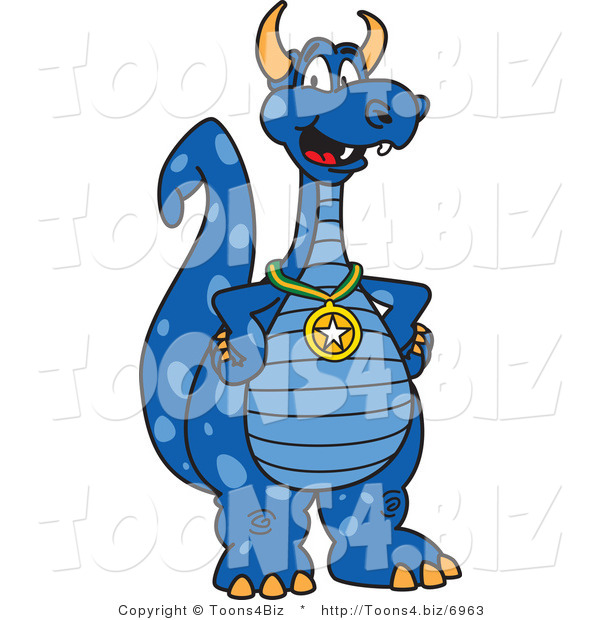 Vector Illustration of a Blue Cartoon Dragon Mascot Wearing a Sports Medal
