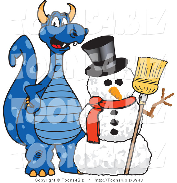 Vector Illustration of a Blue Cartoon Dragon Mascot with a Snowman
