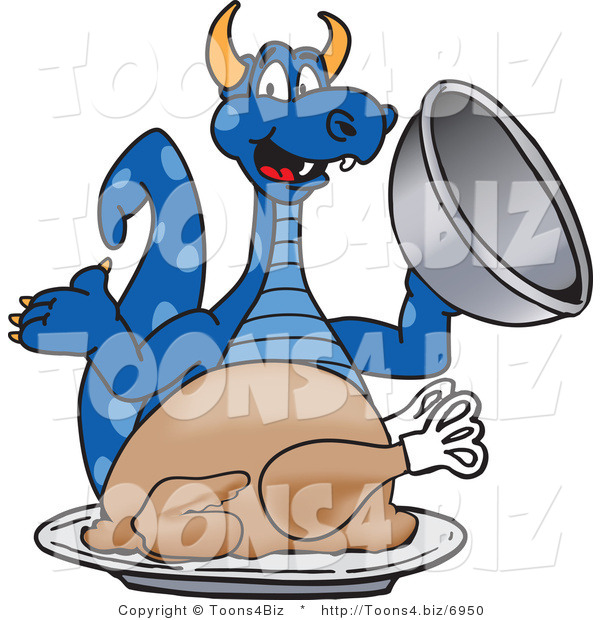 Vector Illustration of a Blue Cartoon Dragon Mascot with a Thanksgiving Turkey