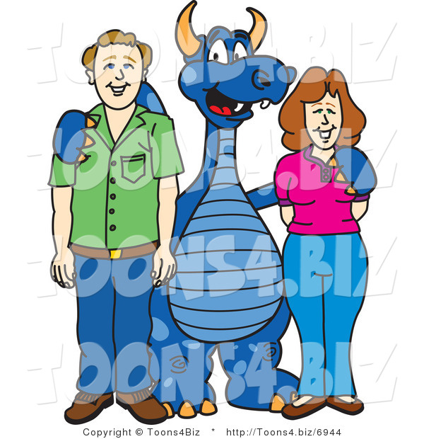 Vector Illustration of a Blue Cartoon Dragon Mascot with Parents