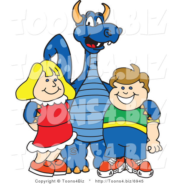 Vector Illustration of a Blue Cartoon Dragon Mascot with Students