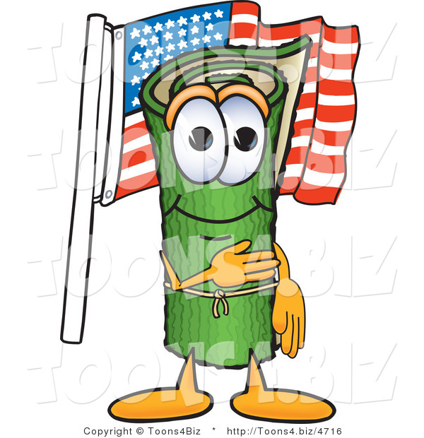 Vector Illustration of a Carpet Roll Mascot Pledging Allegiance to the American Flag