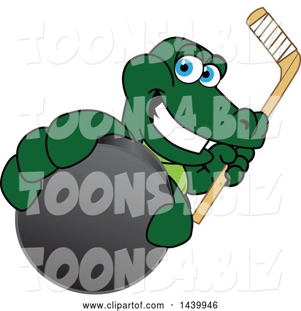 Vector Illustration of a Cartoon Alligator Mascot Grabbing a Hockey Puck and Holding a Stick
