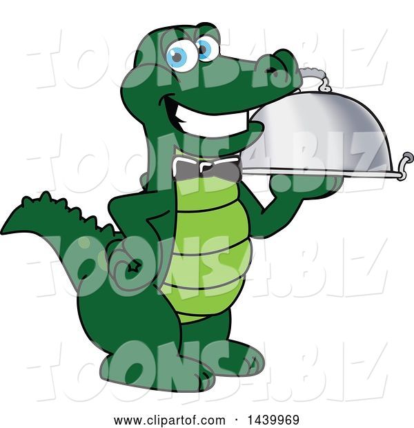 Vector Illustration of a Cartoon Alligator Mascot Waiter Holding a Cloche Platter