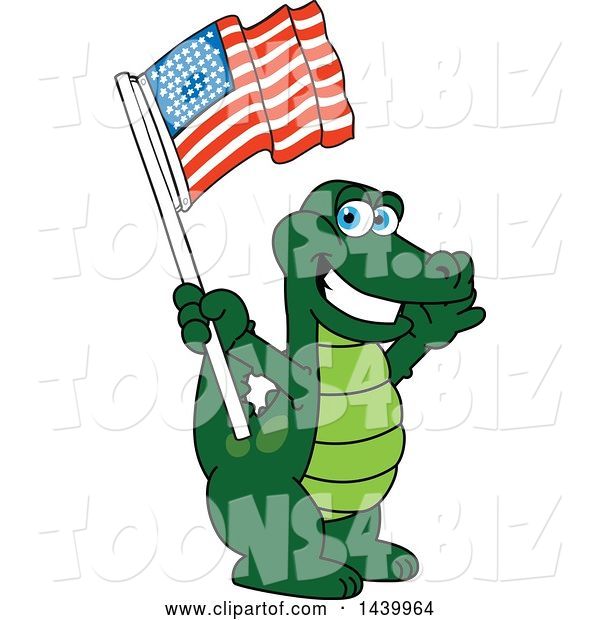 Vector Illustration of a Cartoon Alligator Mascot Waving an American Flag