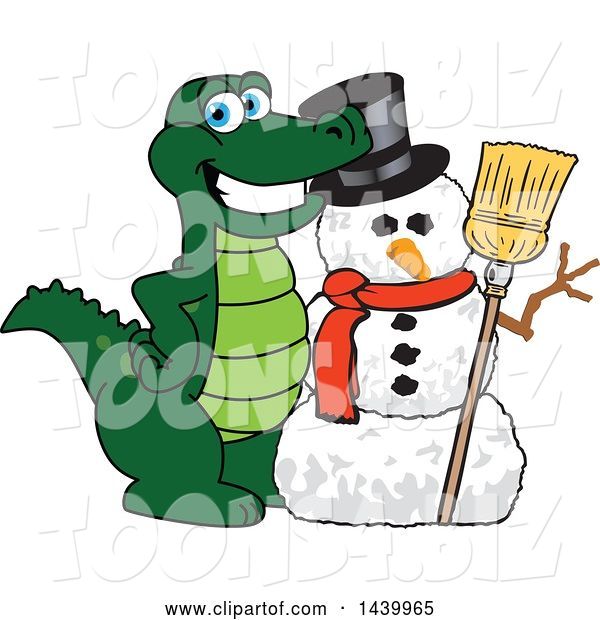 Vector Illustration of a Cartoon Alligator Mascot with a Snowman