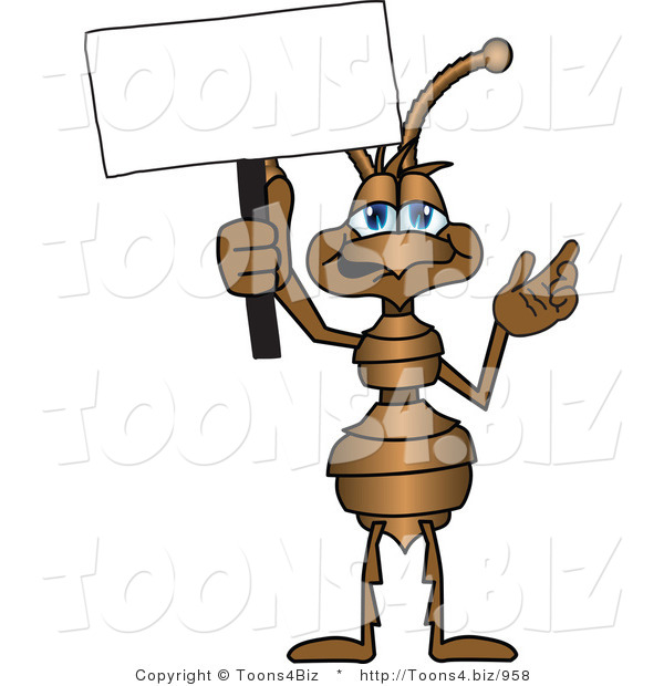 Vector Illustration of a Cartoon Ant Mascot Holding up a Blank White Advertising Sign