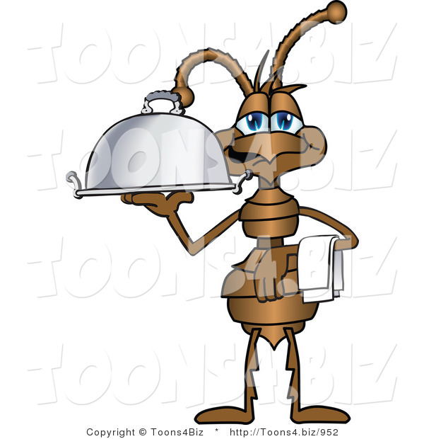 Vector Illustration of a Cartoon Ant Mascot with a Napkin on His Arm, Serving a Food Platter
