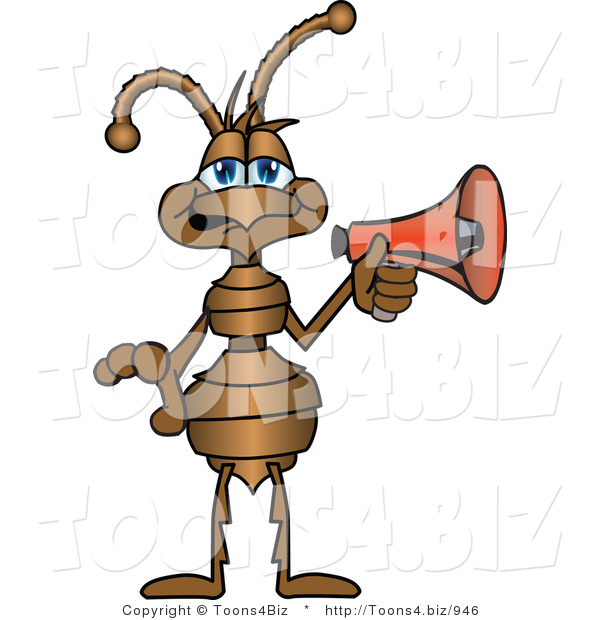 Vector Illustration of a Cartoon Ant Mascot with a Red Megaphone or Bullhorn